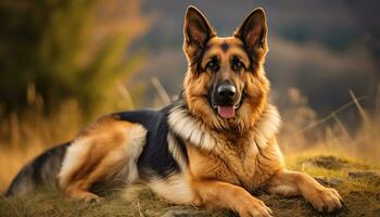 Duitse herder hond houdende in de gras Bij zonsondergang ai gegenereerd foto