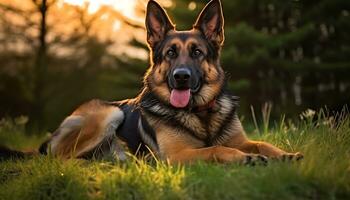 Duitse herder hond houdende in de gras Bij zonsondergang ai gegenereerd foto