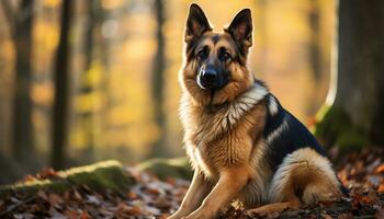 Duitse herder hond houdende in de gras Bij zonsondergang ai gegenereerd foto