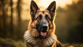 Duitse herder hond houdende in de gras Bij zonsondergang ai gegenereerd foto