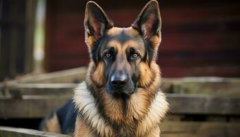 Duitse herder hond houdende in de gras Bij zonsondergang ai gegenereerd foto