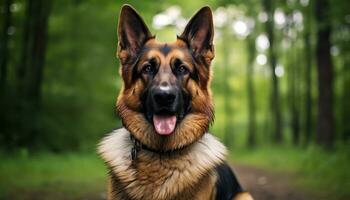 Duitse herder hond houdende in de gras Bij zonsondergang ai gegenereerd foto