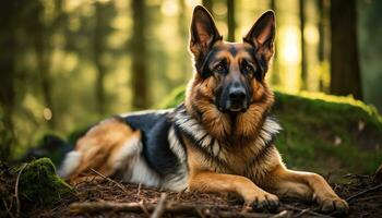 Duitse herder hond houdende in de gras Bij zonsondergang ai gegenereerd foto