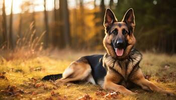 Duitse herder hond houdende in de gras Bij zonsondergang ai gegenereerd foto