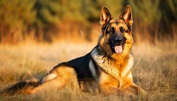 Duitse herder hond houdende in de gras Bij zonsondergang ai gegenereerd foto