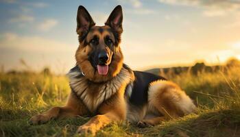 Duitse herder hond houdende in de gras Bij zonsondergang ai gegenereerd foto