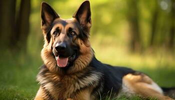 Duitse herder hond houdende in de gras Bij zonsondergang ai gegenereerd foto