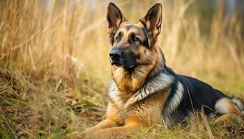 Duitse herder hond houdende in de gras Bij zonsondergang ai gegenereerd foto