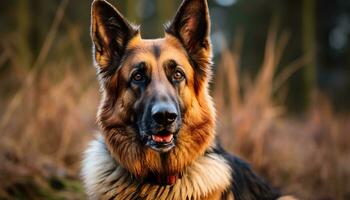 Duitse herder hond houdende in de gras Bij zonsondergang ai gegenereerd foto