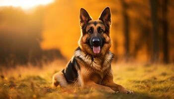 Duitse herder hond houdende in de gras Bij zonsondergang ai gegenereerd foto