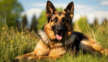 Duitse herder hond houdende in de gras Bij zonsondergang ai gegenereerd foto