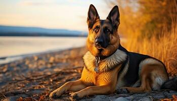 Duitse herder hond houdende in de gras Bij zonsondergang ai gegenereerd foto