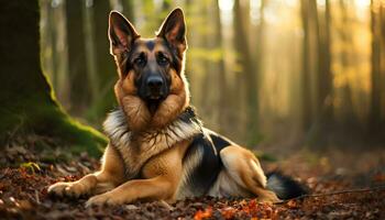 Duitse herder hond houdende in de gras Bij zonsondergang ai gegenereerd foto