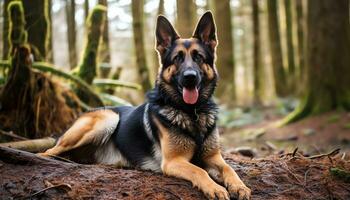 Duitse herder hond houdende in de gras Bij zonsondergang ai gegenereerd foto