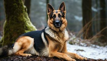 Duitse herder hond houdende in de gras Bij zonsondergang ai gegenereerd foto