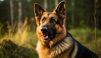 Duitse herder hond houdende in de gras Bij zonsondergang ai gegenereerd foto