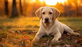 een hond is zittend in de gras Bij zonsondergang ai gegenereerd foto