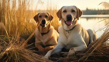 een hond is zittend in de gras Bij zonsondergang ai gegenereerd foto