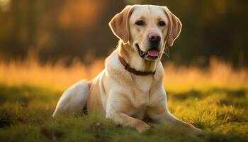 een hond is zittend in de gras Bij zonsondergang ai gegenereerd foto