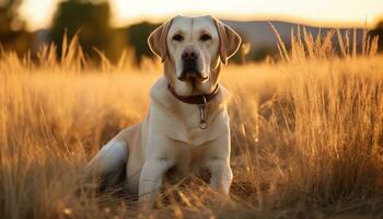 een hond is zittend in de gras Bij zonsondergang ai gegenereerd foto