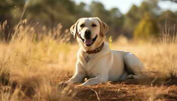 een hond is zittend in de gras Bij zonsondergang ai gegenereerd foto