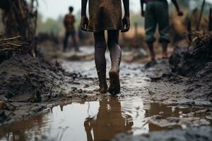 de voeten van een met een donkere huid kind in een plas van modder. gegenereerd door kunstmatig intelligentie- foto