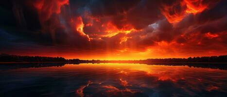 vurig rood en oranje lucht over- een kalmte meer met een horizon lijn van bomen. ai generatief foto