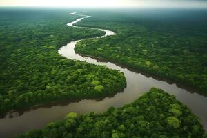 antenne visie van de amazonas oerwoud landschap met rivier- kromming. generatief ai foto