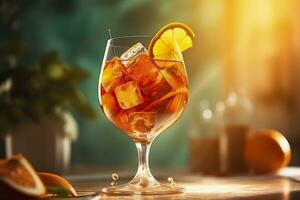 aperol spritz zomer drinken in glas met schaduwen, tropisch achtergrond. generatief ai foto