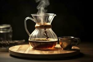 een alternatief koffie brouwen methode is zuiver over, een glas theepot Aan een houten dienblad. generatief ai foto