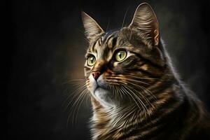 portret van huiselijk kat met gestreept vacht buitenshuis met donker achtergrond. neurale netwerk gegenereerd kunst foto