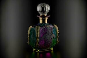 een fles van parfum Dames eau de parfum in fles geïsoleerd Aan zwart. geur voor Dames parfum spuiten. neurale netwerk gegenereerd kunst foto