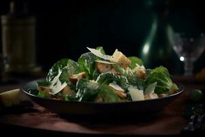 Caesar salade met gegrild kip, croutons, kwartel eieren en kers tomaten Aan houten rustiek tafel. neurale netwerk ai gegenereerd foto