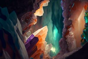 mooi wild kristal stalactieten en stalagmieten in grot. neurale netwerk gegenereerd kunst foto