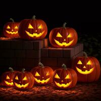 halloween realistisch pompoen achtergrond met spookachtig pompoen jack O lantaarn in een donker humeurig Woud ai generatief foto