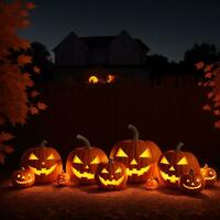 halloween realistisch pompoen achtergrond met spookachtig pompoen jack O lantaarn in een donker humeurig Woud ai generatief foto