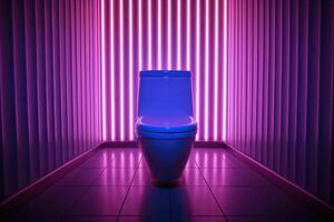 keramisch toilet in een donker kamer met neon verlichting. gegenereerd door kunstmatig intelligentie- foto