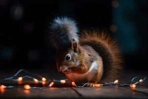 schattig eekhoorn in een Kerstmis hoed. neurale netwerk ai gegenereerd foto