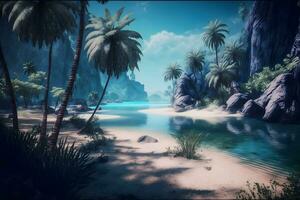 panorama van tropisch strand met kokosnoot palm bomen. neurale netwerk ai gegenereerd foto