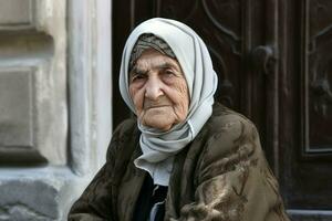 oud Turks vrouw Bij stad straat. genereren ai foto
