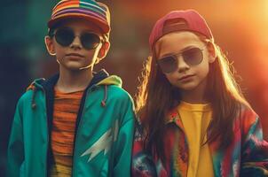 modieus kinderen in kleurrijk kleren vervelend zonnebril. genereren ai foto