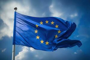 satijn Europese unie vlag golvend in de wind. generatief ai foto