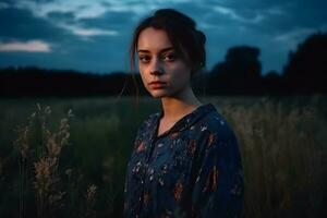 portret van een mooi meisje in de avond in de veld. neurale netwerk ai gegenereerd foto