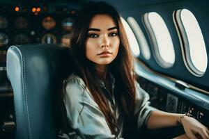 portret van een geslaagd meisje in een privaat Jet. neurale netwerk ai gegenereerd foto