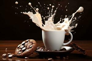 koffie met melk plons Aan chocola koekjes over- bruin achtergrond. reclame idee. generatief ai foto