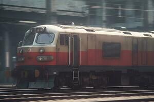 lading trein platform met vracht trein houder Bij depot. neurale netwerk ai gegenereerd foto