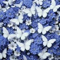 bloem realistisch naadloos vlinder abstract patroon. bloemen willekeurig achtergrond blauw wit ai generatief foto