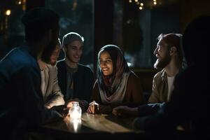 een verschillend groep van individuen verloofd in interreligieus dialoog, benadrukkend de belang van religieus tolerantie en samenleven. generatief ai foto