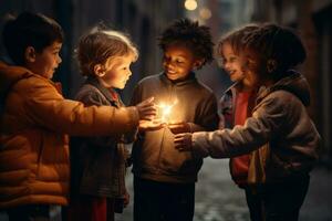 kinderen van divers achtergronden spelen samen en presentatie van de idee van tolerantie wezen geslaagd naar beneden naar jonger generaties. generatief ai foto