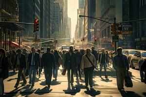 drukte van mensen wandelen Aan de straat in nieuw york stad, mensen kruis de straat, ai gegenereerd foto